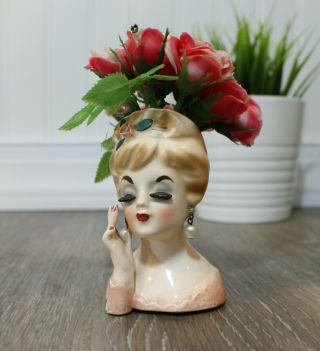 Vintage Lady Head Vase Inarco 1963 Pearl Earrings E - 480 Small Pink Blouse