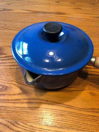 Le Creuset 16 Spouted 1 Qt Sauce Pan Lid Wood Handle Blue Pot Vintage France 2