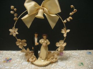 Vtg 40 ' s 50s Plaster Chalkware Wedding Cake Topper Bride Groom WWII 2