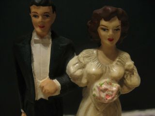 Vtg 40 ' s 50s Plaster Chalkware Wedding Cake Topper Bride Groom WWII 3