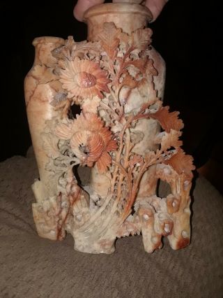 Vintage Asian Hand Carved Soap Stone 2 Jar Vase Flower Sculpture