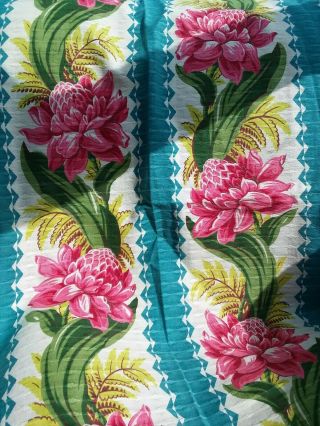 Pretty Woven Vintage Barkcloth Fabric Tropical Flowers Teak Retro Mcm