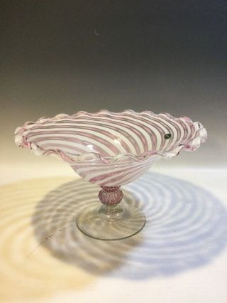 Murano Italian Art Glass Pink & White Latticino Lrg.  Compote/center Bowl Vintage