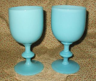 2 Vtg Portieux Vallerysthal France Blue Glass Milk Glass Opaline Goblets 6.  5 "