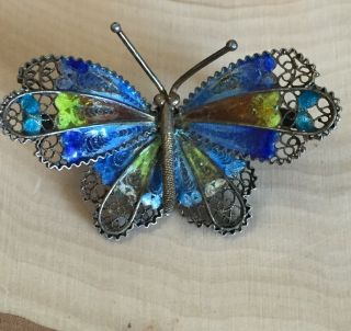 Antique 800 Sterling Silver Enamel Butterfly Pin Brooch Blue Yellow 3