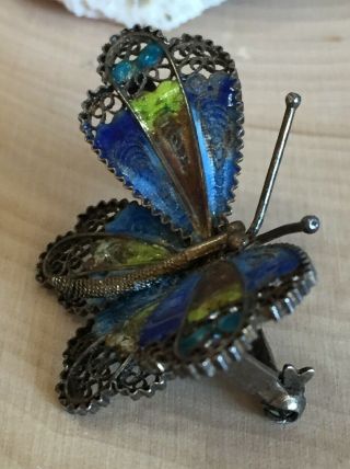 Antique 800 Sterling Silver Enamel Butterfly Pin Brooch Blue Yellow 4