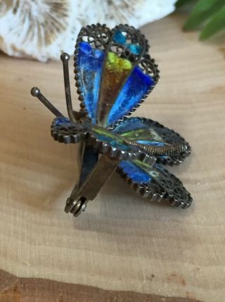 Antique 800 Sterling Silver Enamel Butterfly Pin Brooch Blue Yellow 6