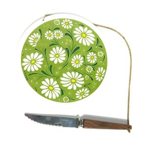 Vintage Mid Century Modern Cheese Plate With Attached Knife By Culver - Daisies