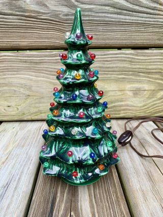 Vintage 1970’s Green Ceramic Lighted Christmas Tree 12 " Lighted