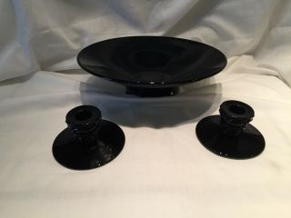 Vintage Fostoria Black Amethyst Console Bowl & Candle Stick Holders 2430 Diadem