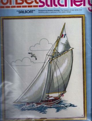 Vintage 1978 Sailboat Crewel Embroidery Kit Sunset Stitchery 2502