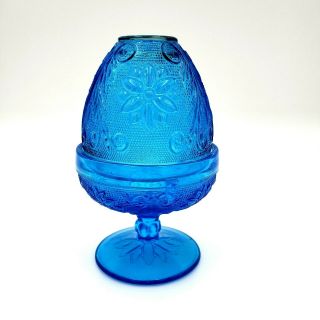 Vintage Tiara Indiana Blue Sandwich Glass Fairy Lamp Candle Holder Lid