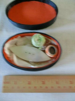 Vintage Mother Of Pearl Tatting Shuttle And Thread In Decorative Box.
