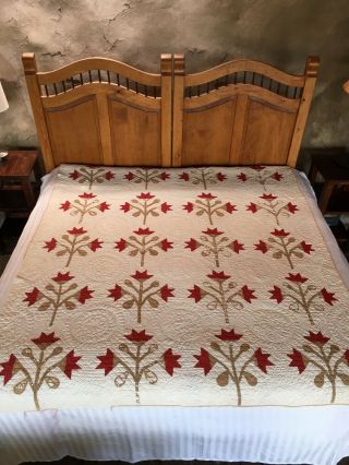 Vintage Red Green White Cotton Quilt,  Hand Quilted
