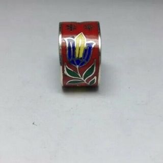 Vintage Sterling Silver Red Guilloche Enamel Floral Band Ring Size 4.  5 R98