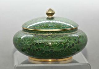 Emerald Green Chinese Cloisonne Brass Enamel Lidded Bowl Vintage 2