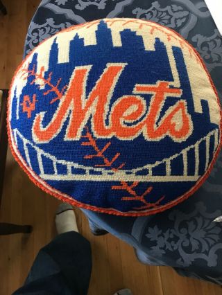 Vtg Handmade Needlepoint 15x15x2 Pillow York Mets
