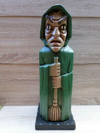 Vintage Spain Carved Wood Liquor Wine Bottle Holder Witch