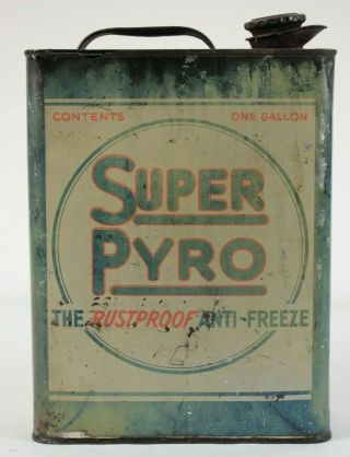 Pyro Anti - Freeze Tin Litho Narrow Gallon Can Gas Oil Antique Vintage