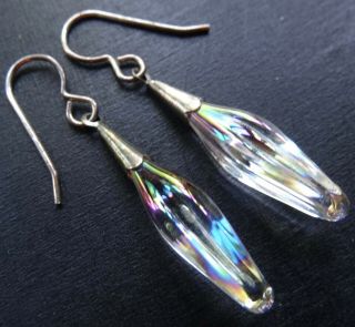 Vintage 925 Sterling Silver Ab Glass Flower Dangle Drop Pierced Earrings - H69
