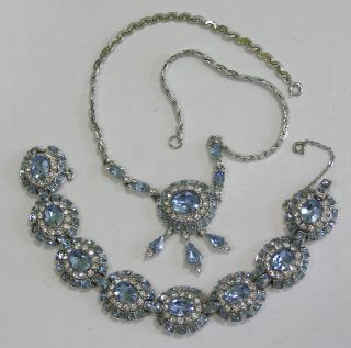 Vtg Jewelry Set Necklace Bracelet Elegant Blue Clear Rhinestones Stunning 1970s