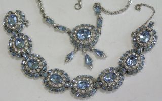 Vtg Jewelry Set Necklace Bracelet Elegant Blue Clear Rhinestones Stunning 1970s 2