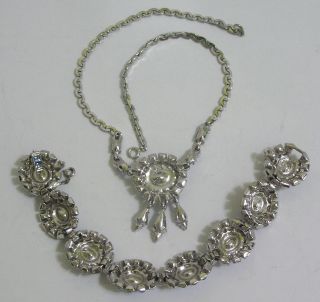Vtg Jewelry Set Necklace Bracelet Elegant Blue Clear Rhinestones Stunning 1970s 3