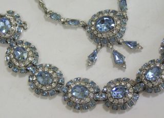 Vtg Jewelry Set Necklace Bracelet Elegant Blue Clear Rhinestones Stunning 1970s 6