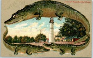 Vintage 1910s Alligator Border Postcard S517 Light House Key West Florida