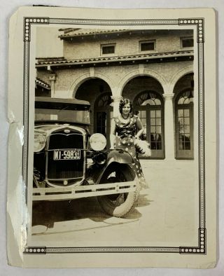 Sexy High Style Flapper Woman By The Old Antique Car,  Vintage Photo Snapshot