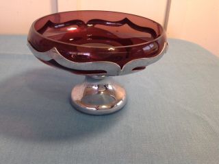 Vintage Pewter Pedestal Stand With Purple Glass Bowl In Center 3.  5 "