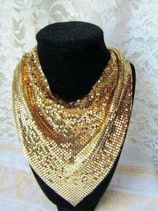 Vintage Huge Whiting & Davis Designer Bib Necklace Metal Mesh Collar Gold Tone