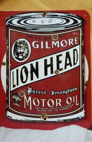 Vintage Old Lion Head Gilmore Motor Oil Porcelain Metal Sign Gasoline Soda