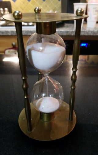 Vintage 30 - Minute Hourglass Timer White Sand Glass & Brass 7 " Tall Half Hour
