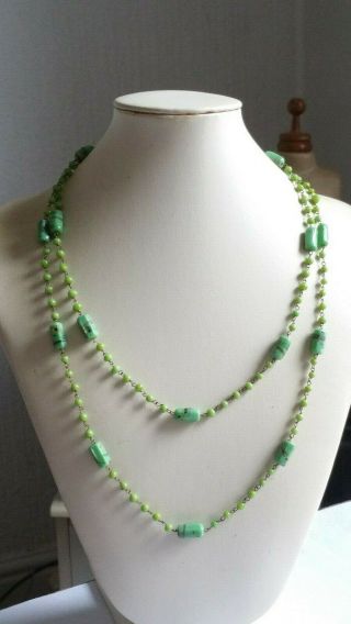 Vintage Art Deco Long Venetian Green Wired Glass Bead Necklace 4