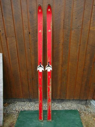 Vintage 72 " Long Skis With Red Finish Has Bindings Interesting Old Set