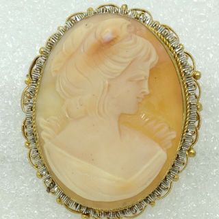 Vintage Lovely Cameo Brooch Pin Carved Shell Silver Tone Filigree Edging Jewelry