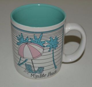 Vintage 1990s Myrtle Beach Nautical Pink & Teal Ceramic Coffee Mug Rare