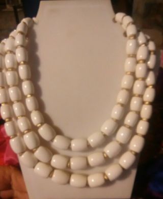 Trifari Vintage Necklace White & Gold Tone Beads 3 Strand Gorgeous
