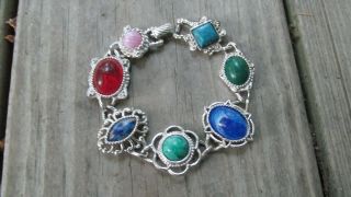 Vintage Sarah Coventry Multi Color Faux Gemstone Cabochon Stone Link Bracelet