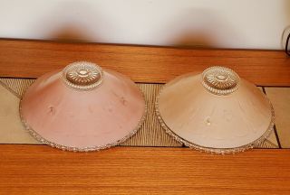 2 Vintage Ceiling Art Deco Glass Shade 3 Hole Chain 10 1/2 " Pink Matching Pair