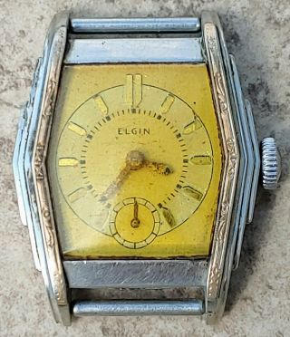 Vintage Art Deco Mens Elgin Two Toned Stepped Case 17 Jewel Wristwatch Watch