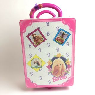 Vintage 1997 Mattel Barbie Travel Storage Pink White Roller Suit Case Toy