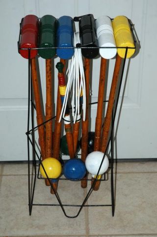 Vintage Antique Wooden Wood 6 Mallet Ball & Stand Croquet Set - Repainted