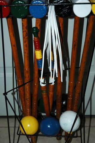 Vintage Antique Wooden Wood 6 Mallet Ball & Stand Croquet Set - Repainted 3