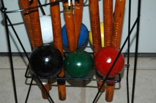 Vintage Antique Wooden Wood 6 Mallet Ball & Stand Croquet Set - Repainted 5
