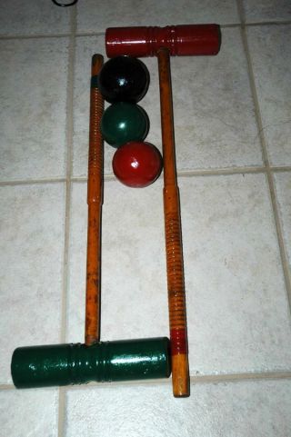 Vintage Antique Wooden Wood 6 Mallet Ball & Stand Croquet Set - Repainted 7