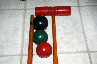 Vintage Antique Wooden Wood 6 Mallet Ball & Stand Croquet Set - Repainted 8