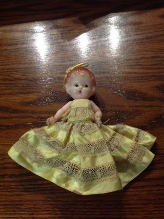 Vintage 6 " Knickerbocker Plastic Co.  Hard Plastic Doll 2 Piece Satin & Lace Dres