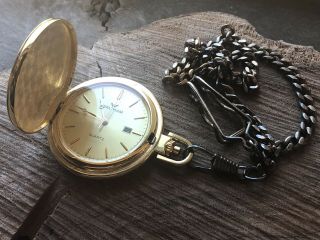 Vintage Waltham Quartz Pocket Watch Gold Tone And Chain Battery